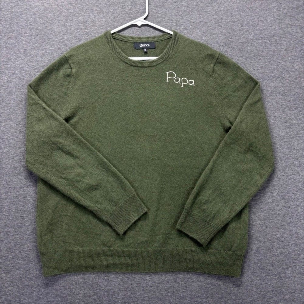 Quince Sweater Mens XL Mongolian Cashmere Crewneck Papa Embroidered Ribbed Olive